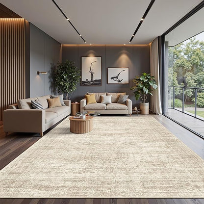 12x15 Washable Area Rug Beige Neutral Abstract Living Room Large Carpet Non Slip Bedroom Indoor Office Dining Room Low Pile Thin Rug
