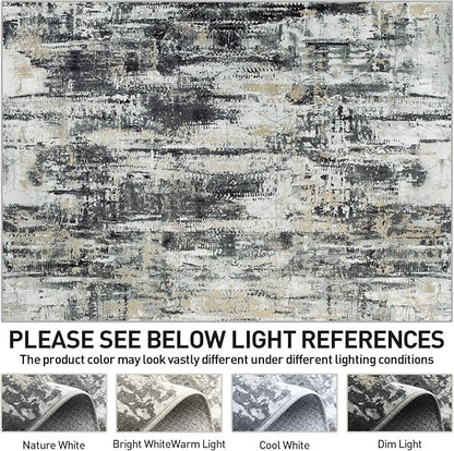 10x14 Area Rugs Washable Rug: Modern Abstract Living Room Rug Soft Anti-Skid Thin Carpet Indoor Floor Non-Shedding Carpets for Bedroom Dining Room Farmhouse Nursery Home Office Black Grey Gold