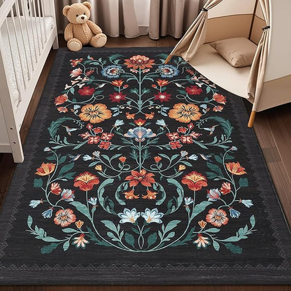 GarveeHome Washable Rug 5x7 Area Rugs for Living Room, Floral Rug for Bedroom, Soft Boho Non Slip Throw Rugs with Rubber Back, Low Pile Stain Resistant Vintage Floral Carpet for Dining Room, Black