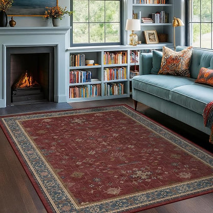 5x8 Boho Dark Red Rug for Living Room - Vintage Oriental Revival Low-Pile Carpet for Bedroom, Dining Table, Machine Washable Area Rug Non-Slip with Rubber Back