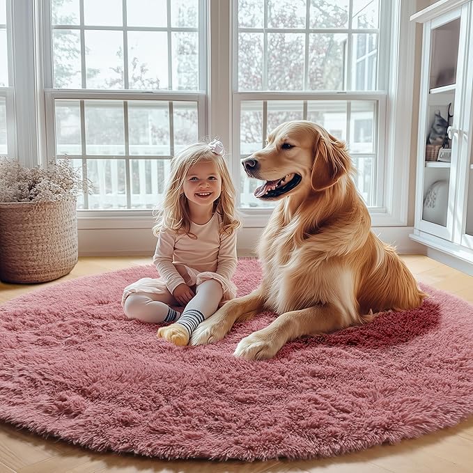 ONASAR Blush Round Area Rugs 5ft, Soft Bedroom Circle Rug Mats for Kids Girls Teen Room, Fluffy Plush Shaggy Carpet for Dorm Nursery Living Room Playroom Home Decor Princess Castle