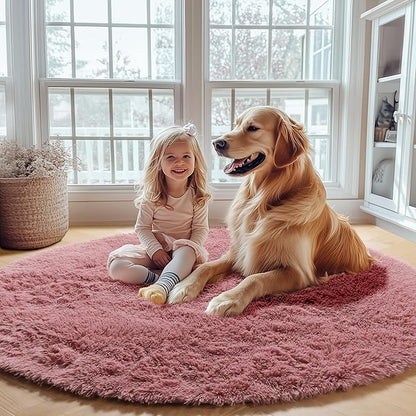 ONASAR Blush Round Area Rugs 5ft, Soft Bedroom Circle Rug Mats for Kids Girls Teen Room, Fluffy Plush Shaggy Carpet for Dorm Nursery Living Room Playroom Home Decor Princess Castle