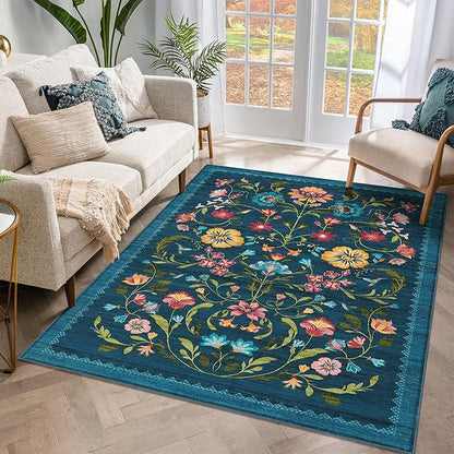 GarveeHome Washable Rug 4x6 Area Rugs for Living Room, Floral Rug for Bedroom, Soft Boho Non Slip Throw Rugs with Rubber Back, Low Pile Stain Resistant Vintage Floral Carpet for Dining Room, Blue