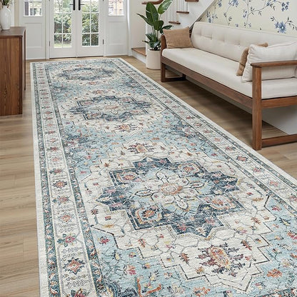 Madane 4x12 Wide Hallway Runners: Washable Runner Rug for Entryway Living Room Soft Vintage Non Slip Carpet Runner for Kitchen Dining Room Nursery Bedroom Thin Area Rug (Blue, 4x12ft)