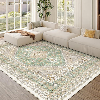 zesthome 6x9 Area Rug, Super Soft Washable Rugs for Living Room, Non-Slip Stain Resistant Vintage Rugs, Ultra-Thin Large Area Rugs (Green/Brown,6'x9')