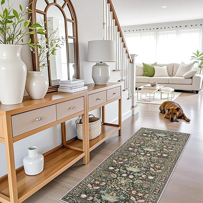 Hallway 2x5 Washable Runner Rug: Oriental Floral Stain Resistant Rug for Entryway Kitchen Farmhouse Soft Carpet for Bathroom Bedroom Thin Laudry Living Room Floor Mat with Non Slip Backing(2x5,Green)