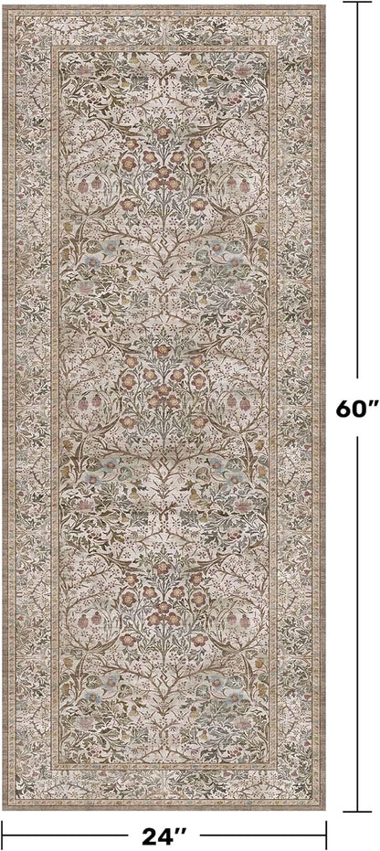 Hazo Haus Moss Green 2x5 Bathroom Rug Runners Non Slip Washable - Neutral Runner Rug for Kitchen Floor, Bedroom, Laundry Room, Hallway - Thin Vintage Oriental Taupe Bathroom Rugs Stain Resistant