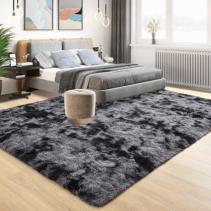 Tepook Soft Fluffy Rugs for Bedroom, 4x6 Area Rug for Living Room, Modern Shaggy Room Rug for Kids Boys Girls, Plush Throw Rugs Indoor Nursery Home Decor Rug with Non-Slip Bottom, Tie-dye Dark Grey