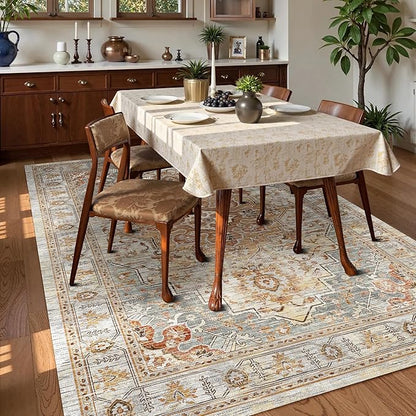 Washable Area Rug 6' x 9' Vintage Traditional Persian Mat - Foldable Distressed Non-Slip Machine Washable Carpet for Living Room Bedroom Kitchen Home Decor - Dove Gray and Coral