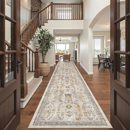 Madane Hallway Runner Rug 3x16 - Vintage Non Slip Washable 16ft Kitchen Runner for Entrance Soft Long Carpet Runners for Living Room Bathroom Low Pile Floor Mat for Bedroom Dining Room, Brown/Gold