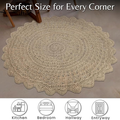 Hausattire Hand Woven Jute Crochet Rug, 3’ Round – Natural, Anti-Slip Accent Boho Entry Area Rugs for Kitchen, Living Room I Farmhouse Decorative Floor Rug, 3 Feet Round