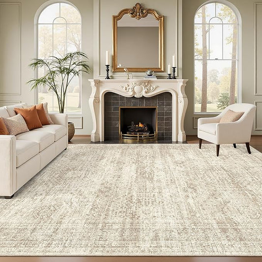 9x12 Area Rugs for Living Room, Non Slip Machine Washable Vintage Rugs, Low Pile Lightweight Large Rug for Bedroom, Dining Room, Home Office Beige