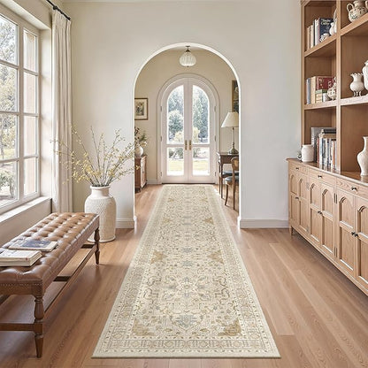 Madane Runner Rugs for Hallway 2x10 Long Washable Non-Slip Hallway Runner Rug Low-Pile Stair Kitchen Runner Soft Throw Carpet for Entrance Living Dining Laundry Room (Beige/Blue, 2 x 10)