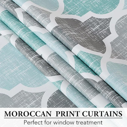 Beauoop 100% Blackout Curtains 84 Inches Long for Patio Sliding Door Aqua Grey Extra Wide Moroccan Geo Room Darkening Thermal Soundproof Room Divider Grommet Window Treatment Drapes,100x84 Set of 1