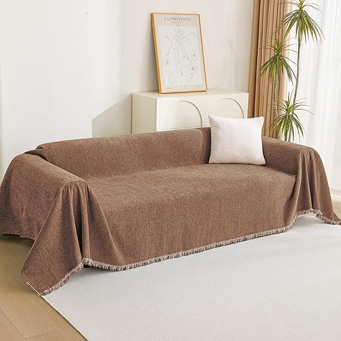 MYSKY HOME Couch Covers for 3 Cushion Couch Sofa, Sectional Couch Cover L Shape Chenille Couch Cushion Covers for Pets, Furniture Protector Cover for Dogs, Kids, 91"X150", Camel