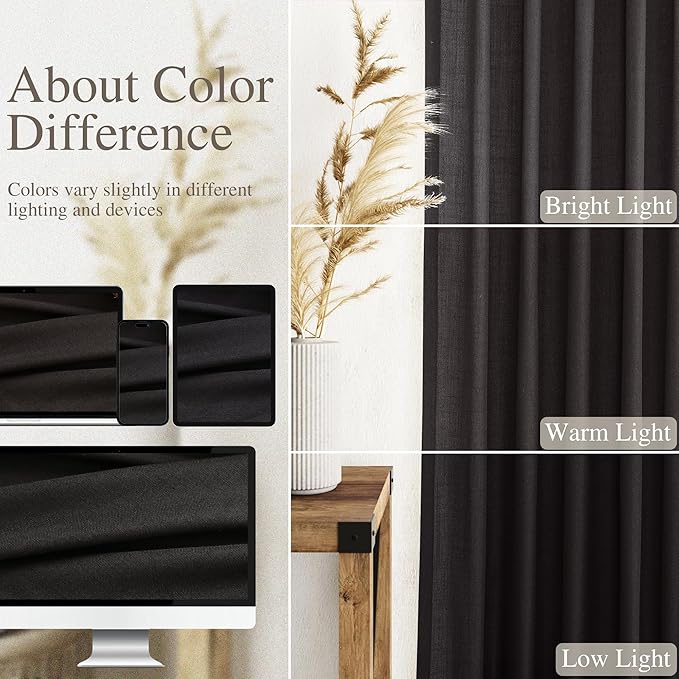 Vintage Black Linen Curtains for Living Room 120 Inches Long Light Filtering Semi Sheer Curtain Back Tab Floor to Ceiling High Window Gothic Vintage Decor Drapes for Bedroom Office 52x120,2 Panels
