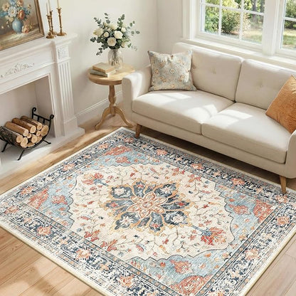 Area Rugs 4'x6' Washable Non-Slip, Floral Vintage Distress Print Pattern Medallion Carpet for Living Room Bedroom Dining Room, Beige Navy Blue Orange Colorful