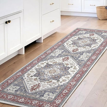 OPPODREAM Soft Entryway Rug 2x6, 2x6 Rug Runner, Washable Hallways Carpet 2 x 6 with Non Slip Backing, Low-Pile Bedside Carpet 2 x 6, Long, Faux Cashmere, Red & Grey