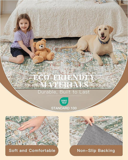 Madane Runner Rug 2x8, Washable Hallway Runner Rugs, Non-Slip Low-Pile Soft Kitchen Rug Runner Laundry Room Rug, Vintage Throw Entry Foyer Mat for Entrance Living Room (Green, 2 x 8)