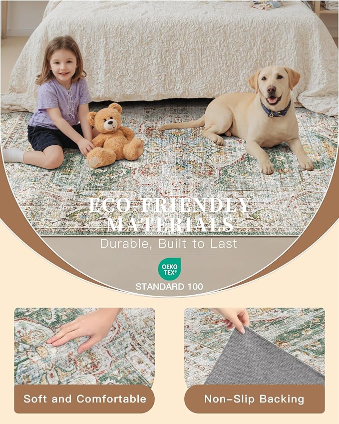 Madane Runner Rug 2'6''x8' Kitchen Runner, Hallway Runner Printed Vintage Washable Rugs Soft Non-Slip Low Pile Runners for Hallways Laundry Room Rug Distressed Rug, Green
