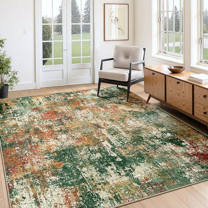Washable Area Rugs 7'x9' Non-Slip Modern Abstract Soft for Living Room Entryway Bedroom Nursery, Print Pattern, Green Orange Rust Red Cream Colorful