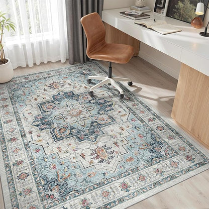 Madane 6x9 Area Rugs for Living Room, Stain Resistant Washable Rugs, Non-Slip Backing Area Rug, Vintage Home Decor Rug for Bedroom (Blue, 6'x9')