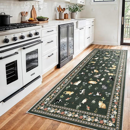 3x7 Washable Kitchen Runner Rug - Soft Low Pile Floral Animal Cat Print Rugs with Non-Slip Backing Waterproof Stain-Resistant Indoor Carpet for Hallway Entryway Bathroom Bedroom (Sage Green)