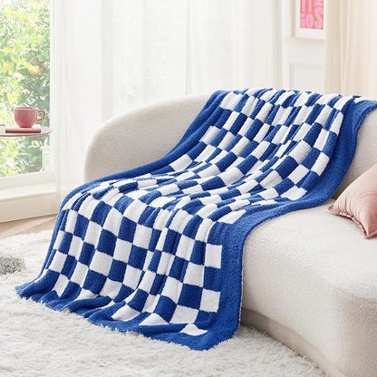 Bedsure Gentlesoft Checkered Twin Blanket for Couch - Soft Cozy & Warm Knit Navy Blue Throw Blanket, Breathable, Lightweight & Fluffy Plaid Blankets for Bed & Sofa, Gifts for Women Men, 60x80 Inches