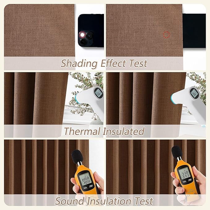Guken 100% Blackout Linen Curtains 84 Inch Length 2 Panels Set for Living Room Bedroom Back Tab Thermal Insulated Black Out Linen Drapes Room Darkening Window Curtains 84 Inches Long,Caramel Brown