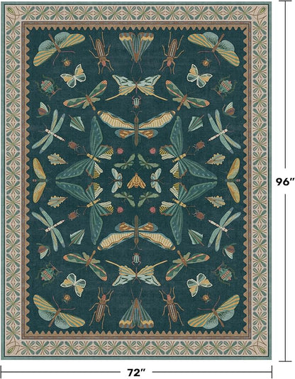 Vintage Teal Area Rugs for Living Room 6x8 - Floral & Butterfly Pattern Dining Rug, Low Pile Soft Bedroom Carpet, Washable Non Skid Rubber Backed, Forest Funky Home Décor