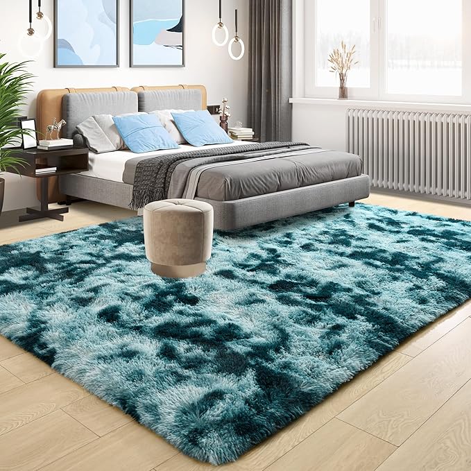 Tepook Soft Fluffy Rugs for Bedroom, 4x6 Area Rug for Living Room, Modern Shaggy Room Rug for Kids Boys Girls, Plush Throw Rugs Indoor Nursery Home Decor Rug with Non-Slip Bottom, Peacock Blue