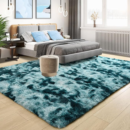 Tepook Soft Fluffy Rugs for Bedroom, 4x6 Area Rug for Living Room, Modern Shaggy Room Rug for Kids Boys Girls, Plush Throw Rugs Indoor Nursery Home Decor Rug with Non-Slip Bottom, Peacock Blue
