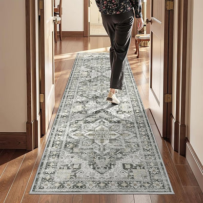 Runner Rug 2x8 Runners for Hallways Non Slip Washable, Vintage Hallway Runner Rugs for Living Room, Low Pile Soft Hallway Rug for Kitchen Bedroom Laundry Room Rug(Grey/Beige,2'x8')
