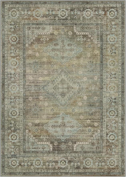 BEIMO Area Rugs 5x7 for Living Room Bedroom, Modern Boho Machine Washable Large Distressed Light Greyish Sage Green Rug, Low Pile Floor Carpet with Non Slip Backing for Dining Room
