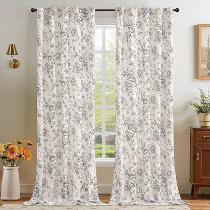 jinchan Linen Blend Curtain Floral Curtains for Living Room 120 Inch Length Black Printed Curtain Rod Pocket Back Tab Farmhouse Peony Flower Patterned Drapes Bedroom Window Curtains Set 2 Panels