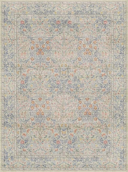 Large 3x4 Entryway Rug Indoor - Washable Non-Slip Low Pile Stain Resistance Ultra Thin Area Rug for Large Kitchen, Bedroom Beside Bed - Vintage Floral Botanical Beige Blue Decor