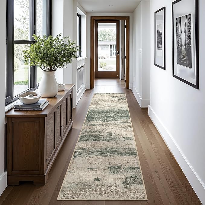 Runner Rug for Hallway Kitchen, 2'6"x12' Machine Washable Runners Rug for Entryway, Soft Modern Abstract Throw Rugs, Low Pile Floor Cover with Non Slip Backing, Grey/Dark Green