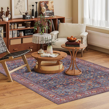 Washable Area Rug 5' x 7' Vintage Traditional Persian Mat - Foldable Distressed Non-Slip Machine Washable Carpet for Living Room Bedroom Kitchen Home Decor - Indigo and Crimson