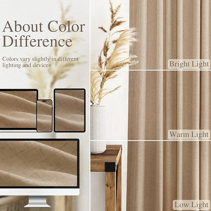 Nanspring Sand Beige Curtains 90 Inches Long for Living Room Linen Blend Semi Sheer Simple Modern Light Filtering Curtains Back Tab Privacy Burlap Textured Curtain for Bedroom Office 52x90, 2 Panels