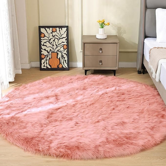 ORINOVA Pink Plush Round Rugs 6ft Large Washable Faux Fur Area Rugs for Living Room Boho Circle Fluffy Sheepskin Fur Rug for Nursery