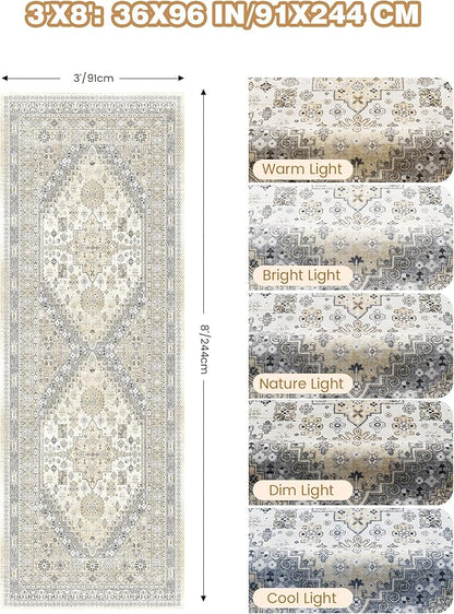 3x8 Runner Rug Non Slip Washable for Entryway, Front Porch, Vintage Hallway Runner for Laundry Room, Bedroom, Stain Resistant Thin Indoor Kitchen Mats for Floor(Beige,3'x8')