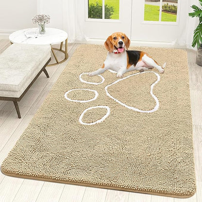 OLANLY Dog Door Mat for Muddy Paws 59x35, Paw Print Design, Absorbs Moisture and Dirt, Absorbent Non-Slip Washable Doormat, Quick Dry Chenille Mud Mat for Dogs, Entry Indoor Entryway Carpet, Beige