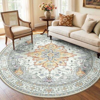 RELEANY Area Rugs 6ft Washable Non-Slip, Floral Vintage Distress Print Pattern Medallion Carpet for Living Room Bedroom Dining Room, Light Yellow Carbon Grey Orange