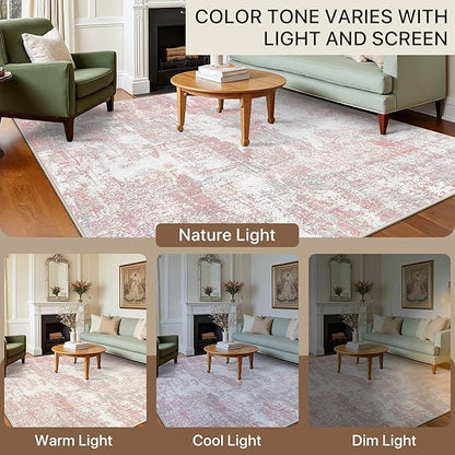 Area Rugs 5x7 for Living Room Bedroom, Modern Abstract Machine Washable Rug, Large Soft Low Pile Floor Carpet with Non Slip Backing for Dining Room, Pink/Grey