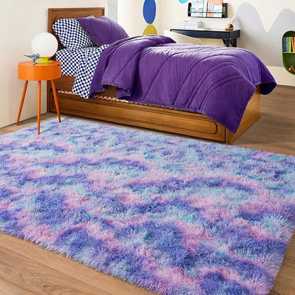 Rugs for Living Room 9x12, Soft Shaggy Modern Large Shag Area Rug for Bedroom, Upgrade Non-Slip Plush Fluffy Carpet for Kids Boys Girls Room Home Decor Aesthetic, Rainbow Purple
