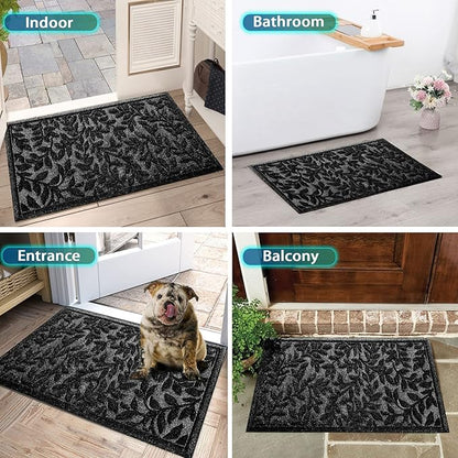 Bulijojo Sturdy Front Entrance Doormats,Durable Heavy Duty Welcome Mat,Thick Absorbent Natural Rubber Non Slip Mat,Easy Clean Entryway Mat Leaves Black 23"x35"