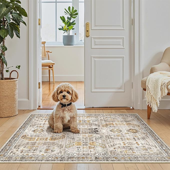Madane Washable Area Rug 2x3, Small Entryway Rug Non-Slip Vintage Door Mat Indoor Entrance, Low Pile Floor Carpet for Inside Front Door Bedroom Kitchen Entry Laundry (2'x3', Brown/Gold)