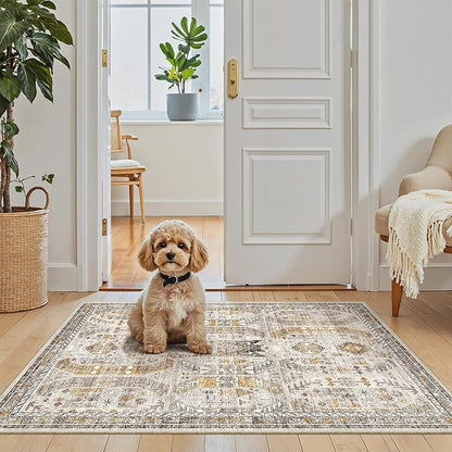 Madane Washable Area Rug 2x3, Small Entryway Rug Non-Slip Vintage Door Mat Indoor Entrance, Low Pile Floor Carpet for Inside Front Door Bedroom Kitchen Entry Laundry (2'x3', Brown/Gold)