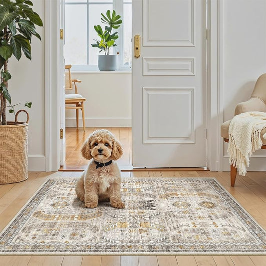 Madane Washable Area Rug 2x3, Small Entryway Rug Non-Slip Vintage Door Mat Indoor Entrance, Low Pile Floor Carpet for Inside Front Door Bedroom Kitchen Entry Laundry (2'x3', Brown/Gold)