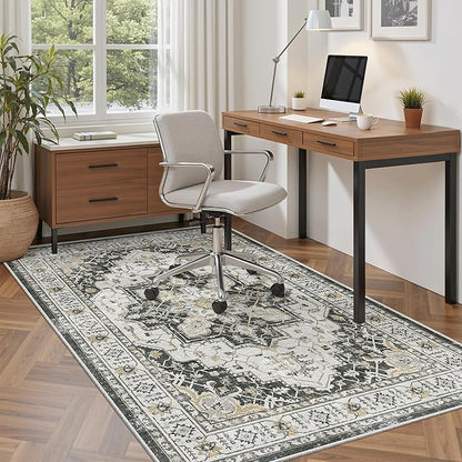 Madane Area Rug 4x6 Washable Rugs: Vintage Living Room Rug Soft Low Pile Non Slip Area Rugs Distressed Indoor Floor Carpet for Bedroom Kitchen Dining Room Home Decor, Black